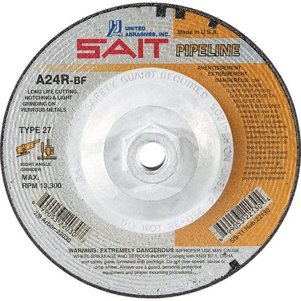 Sait - 24 Grit, 7" Wheel Diam, 1/8" Wheel Thickness, Type 27 Depressed Center Wheel - Aluminum Oxide, Resinoid Bond, R Hardness, 8,500 Max RPM, Compatible with Angle Grinder - Eagle Tool & Supply