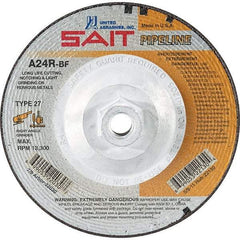 Sait - 24 Grit, 5" Wheel Diam, 1/8" Wheel Thickness, Type 27 Depressed Center Wheel - Aluminum Oxide, Resinoid Bond, R Hardness, 12,200 Max RPM, Compatible with Angle Grinder - Eagle Tool & Supply