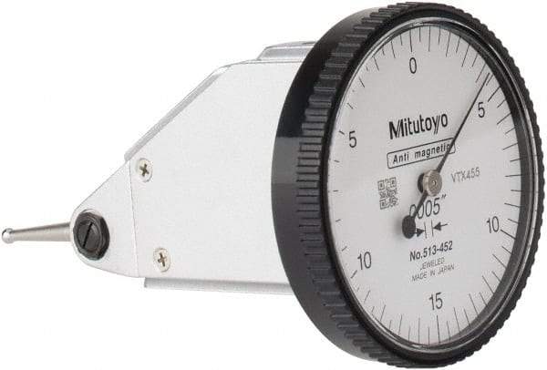 Mitutoyo - 0.03 Inch Range, 0.0005 Inch Dial Graduation, Vertical Dial Test Indicator - 1.5748 Inch White Dial, 0-15-0 Dial Reading, Accurate to 0.0005 Inch - Eagle Tool & Supply