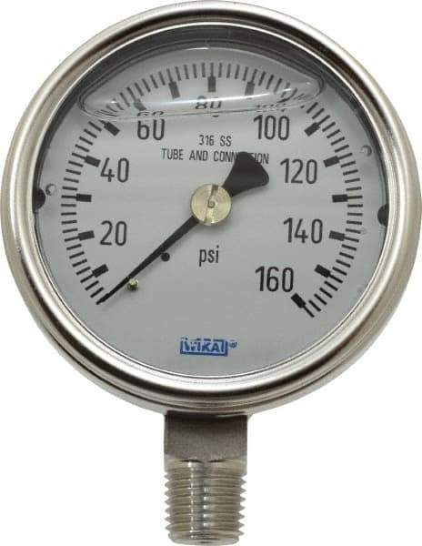 Wika - 2-1/2" Dial, 1/4 Thread, 0-160 Scale Range, Pressure Gauge - Lower Connection Mount, Accurate to 2-1-2% of Scale - Eagle Tool & Supply