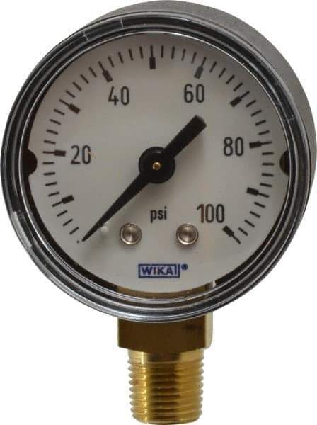 Wika - 1-1/2" Dial, 1/8 Thread, 0-100 Scale Range, Pressure Gauge - Lower Connection Mount, Accurate to 3-2-3% of Scale - Eagle Tool & Supply