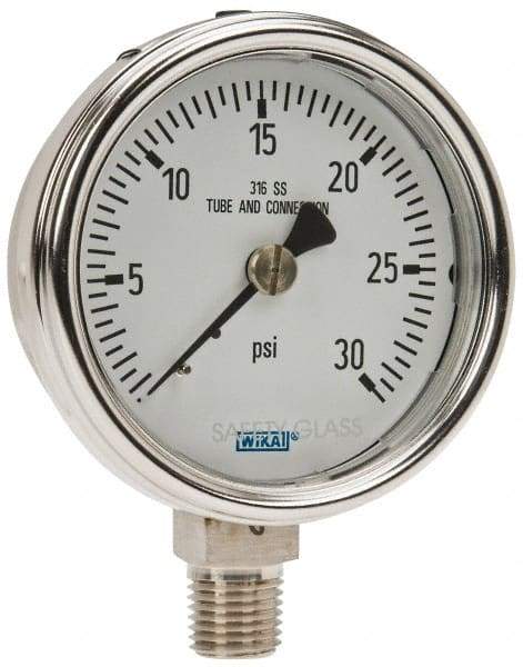 Wika - 2-1/2" Dial, 1/4 Thread, 0-30 Scale Range, Pressure Gauge - Lower Connection Mount, Accurate to 2-1-2% of Scale - Eagle Tool & Supply