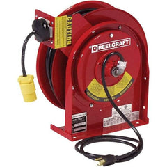 Reelcraft - 16 AWG, 50' Cable Length, Cord & Cable Reel with Single Nema 5-15 End - 1 Outlet, NEMA 4, 13 Amps, 125 Volts, SJTOW Cable, Red Reel, Spring Driven Reel - Eagle Tool & Supply