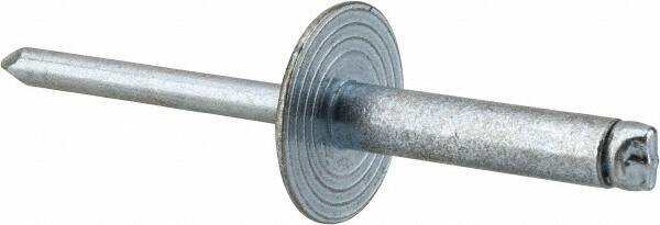 RivetKing - Size 610 Large Flange Dome Head Steel Open End Blind Rivet - Steel Mandrel, 0.501" to 5/8" Grip, 5/8" Head Diam, 0.192" to 0.196" Hole Diam, 0.825" Length Under Head, 3/16" Body Diam - Eagle Tool & Supply