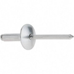 RivetKing - Size 68 Large Flange Dome Head Aluminum Open End Blind Rivet - Aluminum Mandrel, 0.376" to 1/2" Grip, 5/8" Head Diam, 0.192" to 0.196" Hole Diam, 0.7" Length Under Head, 3/16" Body Diam - Eagle Tool & Supply