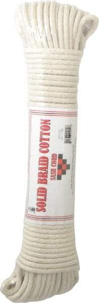 Made in USA - 100' Max Length Cotton Solid Braided Cotton Cord with Reinforced Core - 1/4" Diam, 400 Lb Capacity - Eagle Tool & Supply