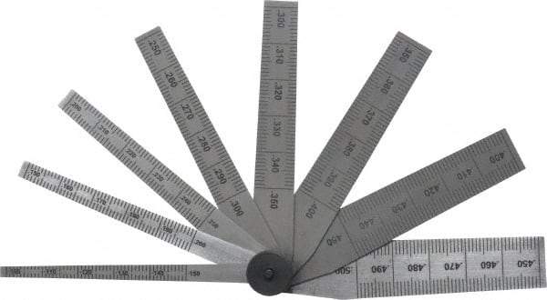 SPI - 0.1 to 0.5 Inch Measurement, 8 Leaf Taper Gage - 2-1/2 Inch Long, Tempered Steel, 0.001 Inch Graduation - Eagle Tool & Supply