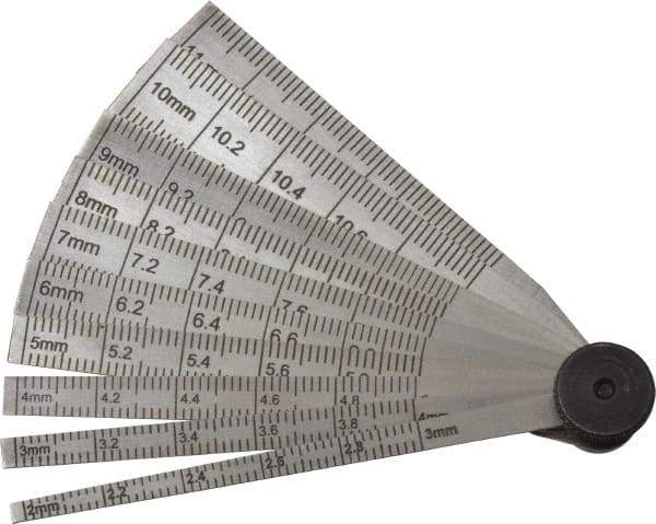 SPI - 2 to 12mm Measurement, 10 Leaf Taper Gage - 64mm Long, Tempered Steel, 0.02mm Graduation - Eagle Tool & Supply