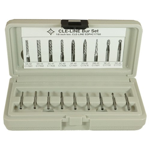 9 Piece Solid Carbide Bur Set - Includes: SA–42, SA–43, SC–41, SC–42, SD–42, SE–41, SF–42, SG–42, SM–43 - Exact Industrial Supply