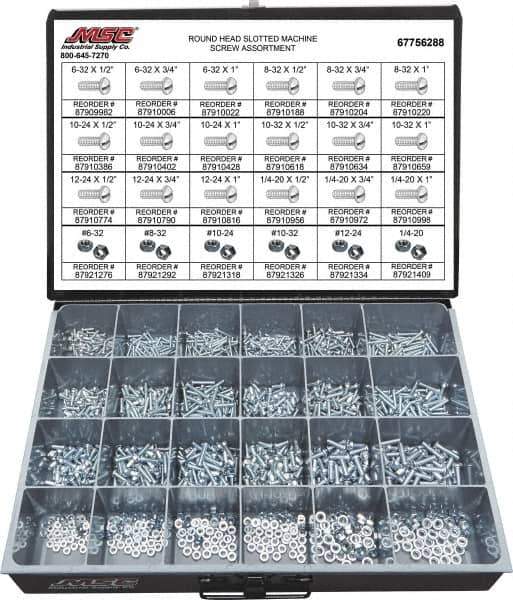 Value Collection - 1,200 Piece, #6-32 to 1/4-20, Steel Machine Screw Assortment - Round Head, Slotted Drive, 1/2 to 1" Long, Grade 2 - Eagle Tool & Supply