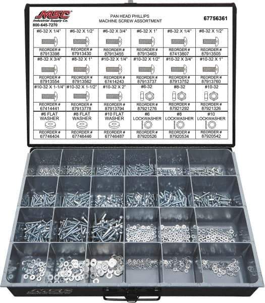 Value Collection - 1,200 Piece, #6-32 to #10-32, Steel Machine Screw Assortment - Pan Head, Phillips Drive, 1/4 to 2" Long, Grade 2 - Eagle Tool & Supply