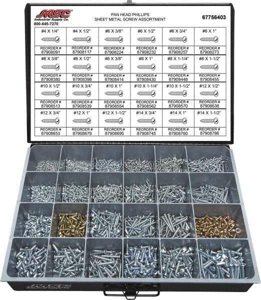 Value Collection - 2,000 Piece, #4x1/4 to #10 x 1-1/4, Steel Sheet Metal Screw Assortment - Pan Head, Phillips Drive, 1/4 to 1-1/2" Long, Grade 2 - Eagle Tool & Supply