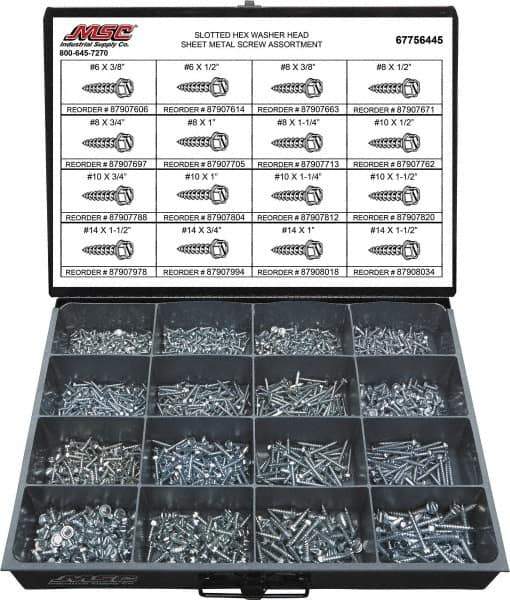 Value Collection - 1,350 Piece, #6x3/8 to #14 x 1-1/2, Steel Sheet Metal Screw Assortment - Hex Washer Head, Slotted Drive, 3/8 to 1-1/2" Long, Grade 2 - Eagle Tool & Supply