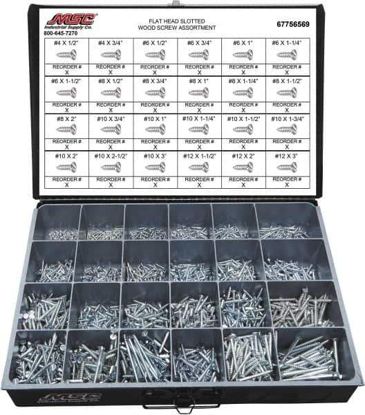 Value Collection - 2,400 Piece, #4x1/2 to #10 x 1-1/4, Steel Wood Screw Assortment - Flat Head, Slotted Drive, 1/2 to 3" Long, Grade 2 - Eagle Tool & Supply