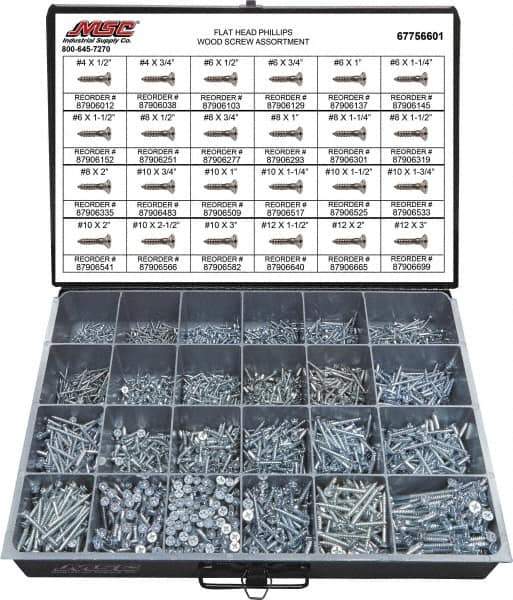Value Collection - 2,400 Piece, #4x1/2 to #10 x 1-1/4, Steel Wood Screw Assortment - Flat Head, Phillips Drive, 1/2 to 3" Long, Grade 2 - Eagle Tool & Supply