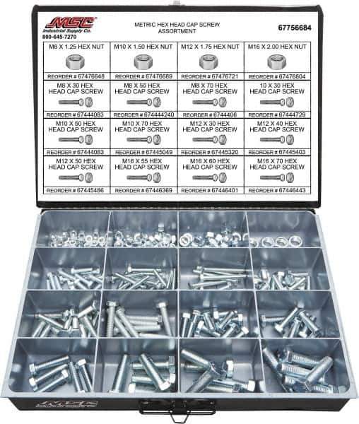 Value Collection - 200 Piece Steel Hex Head Cap Screws - M8 to M16 Thread, Grade 2 - Eagle Tool & Supply