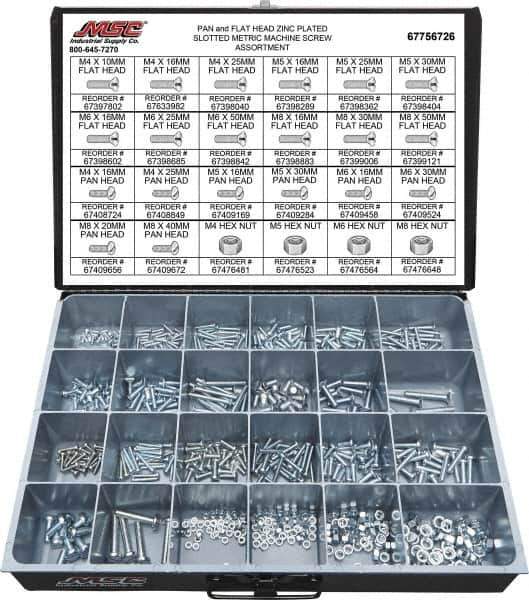 Value Collection - 590 Piece, M4x10.00 to M8x50.00, Steel Machine Screw Assortment - Flat & Pan Head, Slotted Drive, 10 to 50mm Long, Grade 2 - Eagle Tool & Supply