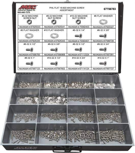 Value Collection - 1,400 Piece, #6-32 to #10-32, Stainless Steel Machine Screw Assortment - Flat Head, Phillips Drive, 1/4 to 1" Long, Grade 18-8 - Eagle Tool & Supply