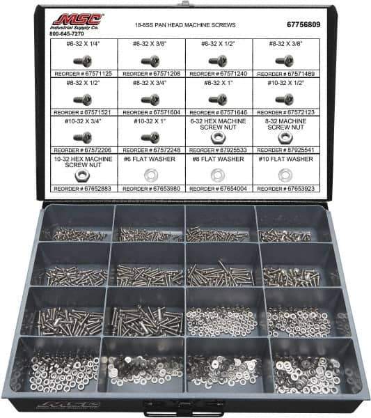 Value Collection - 1,400 Piece, #6-32 to #10-32, Stainless Steel Machine Screw Assortment - Pan Head, Phillips Drive, 1/4 to 1" Long, Grade 18-8 - Eagle Tool & Supply