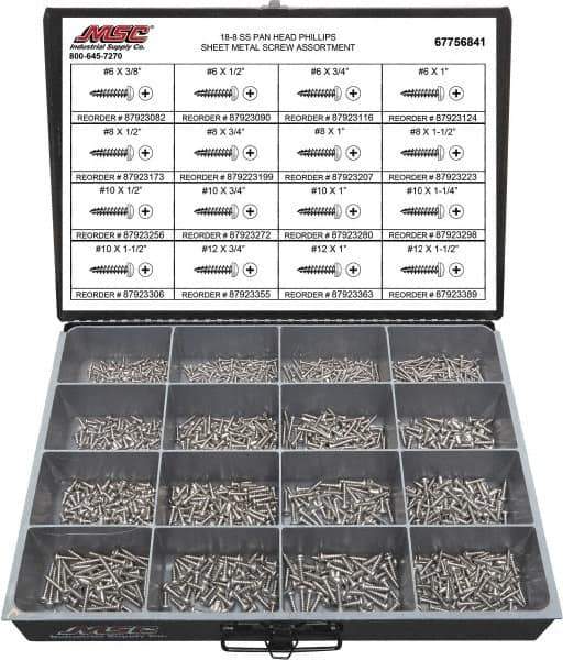 Value Collection - 1,300 Piece, #6x3/8 to #12 x 1-1/2, Stainless Steel Sheet Metal Screw Assortment - Pan Head, Phillips Drive, 3/8 to 1-1/2" Long, Grade 18-8 - Eagle Tool & Supply