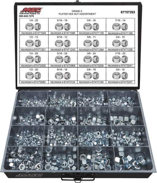 Value Collection - 1/4-20 to 3/4-16 Thread, 870 Piece Alloy Steel Nut Assortment - Grade 5 - Eagle Tool & Supply