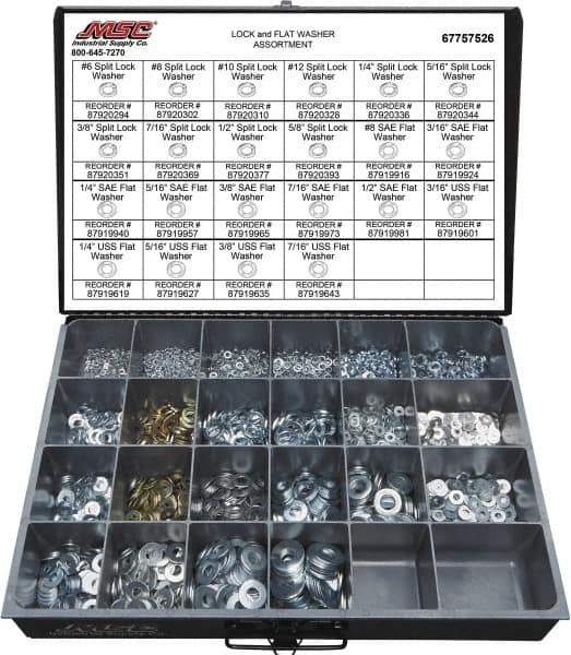 Value Collection - 3529 Piece, No. 6, 5/8" Screw, Grade 2 Steel Flat & Split Lock Washer Assortment - Includes 1/4 to 12" Screw & Compartmented Storage Case - Eagle Tool & Supply