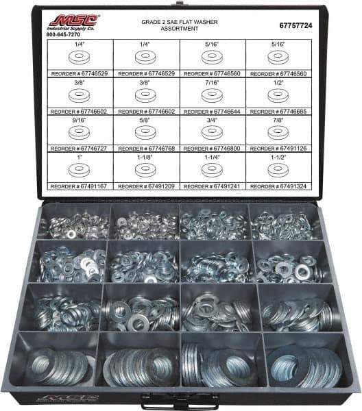 Value Collection - 1840 Piece, 1/4 to 1-1/2" Screw, Grade 2 Steel SAE Flat Washer Assortment - Includes 1/4 to 1-1/2" Screw & Compartmented Storage Case - Eagle Tool & Supply
