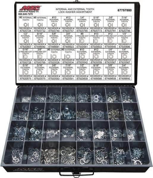 Value Collection - 2550 Piece, No. 6, 3/4" Screw, Grade 2 Steel External & Internal Tooth Lock Washer Assortment - Includes 1/4 to 12" Screw & Compartmented Storage Case - Eagle Tool & Supply
