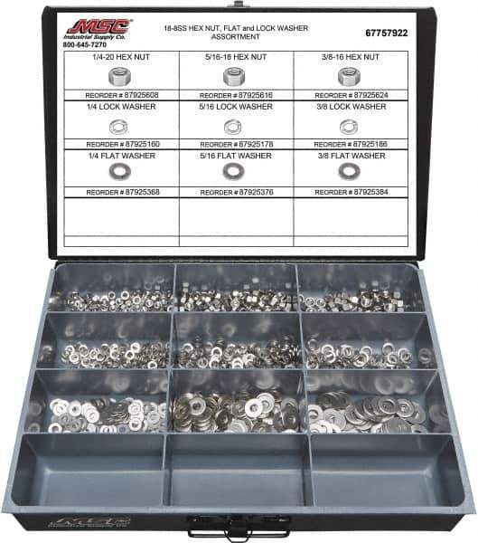 Value Collection - 1/4-20 to 3/8-16 Thread, 750 Piece Stainless Steel Nut & Washer Assortment - Grade 18-8 - Eagle Tool & Supply