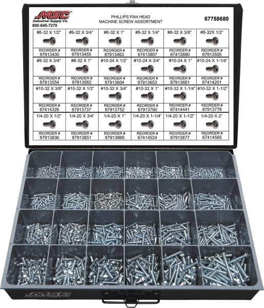 Value Collection - 1,200 Piece, #6-32 to 1/4-20, Steel Machine Screw Assortment - Pan Head, Phillips Drive, 1/2 to 2" Long, Grade 2 - Eagle Tool & Supply