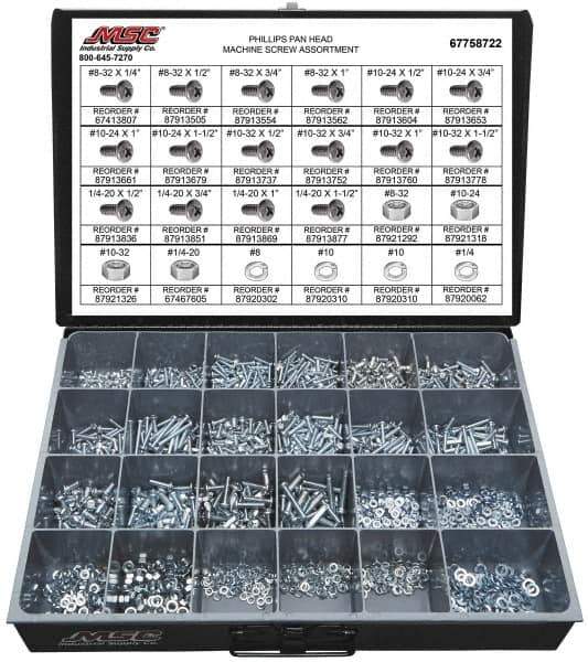 Value Collection - 1,975 Piece, #8-32 to 1/4-20, Steel Machine Screw Assortment - Pan Head, Phillips Drive, 1/4 to 1-1/2" Long, Grade 2 - Eagle Tool & Supply