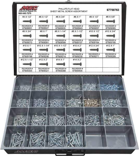 Value Collection - 1,200 Piece, #4x1/2 to #10x2, Steel Sheet Metal Screw Assortment - Flat Head, Phillips Drive, 1/2 to 2" Long, Grade 2 - Eagle Tool & Supply