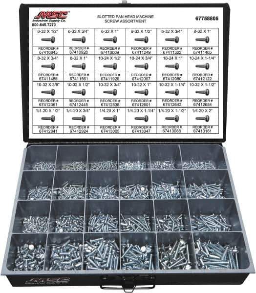 Value Collection - 2,100 Piece, #6-32 to 1/4-20, Steel Machine Screw Assortment - Pan Head, Slotted Drive, 1/2 to 2" Long, Grade 2 - Eagle Tool & Supply