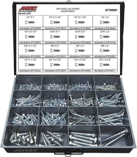 Value Collection - 375 Piece, 1/4x1 to 1/2 x 4-1/2, Steel Lag Screw Assortment - Hex Head, Hex Drive, 1 to 4-1/2" Long, Grade 2 - Eagle Tool & Supply
