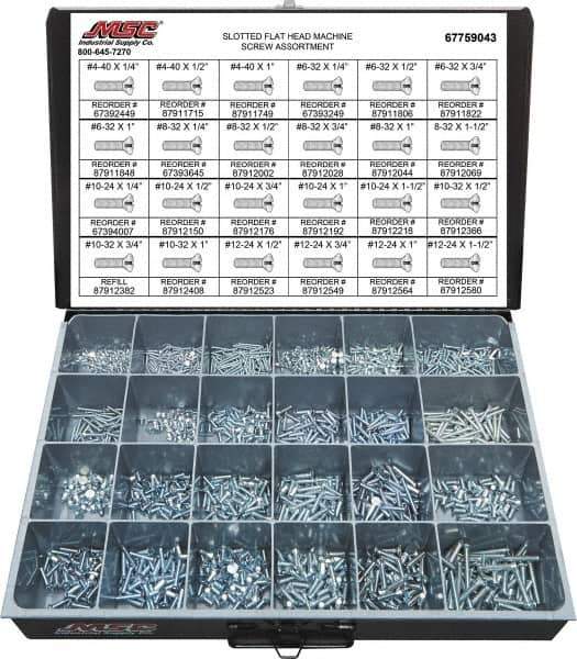 Value Collection - 1,500 Piece, #4-40 to #12-24, Steel Machine Screw Assortment - Flat Head, Slotted Drive, 1/4 to 1-1/2" Long, Grade 2 - Eagle Tool & Supply
