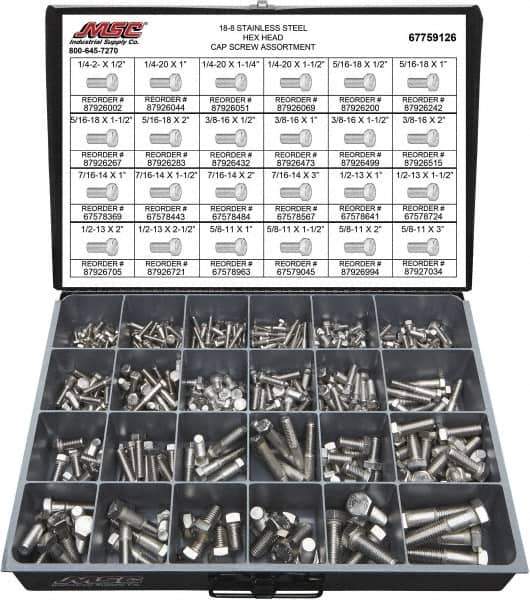 Value Collection - 375 Piece Stainless Steel Hex Head Cap Screws - 1/4-20 to 5/8-11 Thread, 18-8 - Eagle Tool & Supply