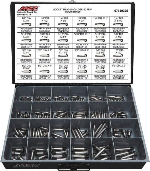 Value Collection - 190 Piece, 1/4x3/8 to 3/8 x 1-1/2, Alloy Steel Shoulder Screw Assortment - Socket Cap Head, Hex Socket Drive, 3/8 to 2" Long - Eagle Tool & Supply