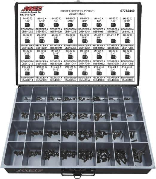 Value Collection - 710 Piece, #4-40 to #10-24, Alloy Steel Set Screw Assortment - Hex Head, Hex Socket Drive, 1/8 to 1" Long - Eagle Tool & Supply