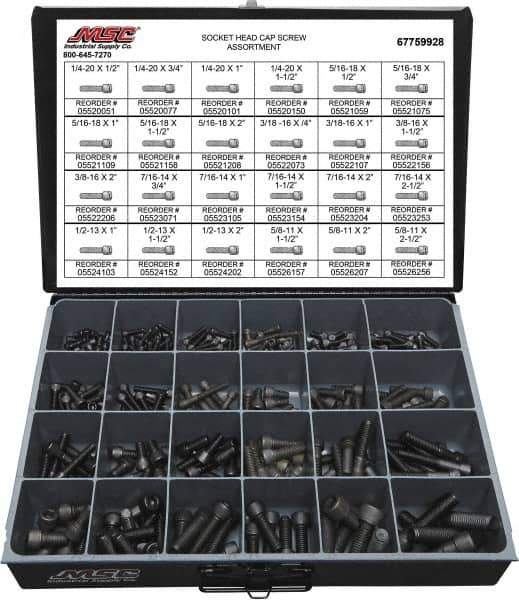 Value Collection - 375 Piece Alloy Steel Socket Head Cap Screws - 1/4-20 to 5/8-11 Thread - Eagle Tool & Supply