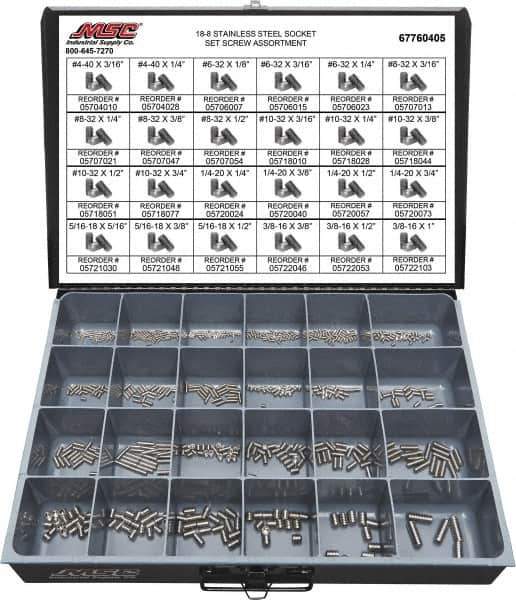 Value Collection - 685 Piece, #4-40 to 3/8-16, Stainless Steel Set Screw Assortment - Hex Head, Hex Socket Drive, 3/16 to 1" Long, Grade 18-8 - Eagle Tool & Supply