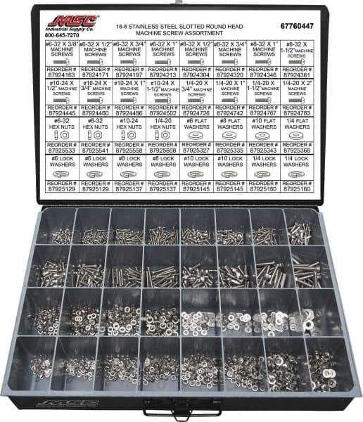 Value Collection - 2,200 Piece, #6-32 to 1/4-20, Stainless Steel Machine Screw Assortment - Round Head, Slotted Drive, 1/2 to 2" Long, Grade 18-8 - Eagle Tool & Supply