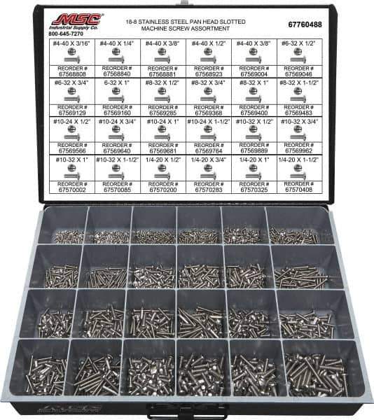 Value Collection - 1,950 Piece, #4-40 to 1/4-20, Stainless Steel Machine Screw Assortment - Pan Head, Slotted Drive, 3/16 to 1-1/2" Long, Grade 18-8 - Eagle Tool & Supply