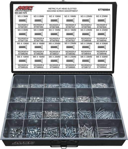 Value Collection - 820 Piece, M3x5.00 to M5x25.00, Steel Machine Screw Assortment - Flat Head, Slotted Drive, 5 to 50mm Long, Grade 2 - Eagle Tool & Supply