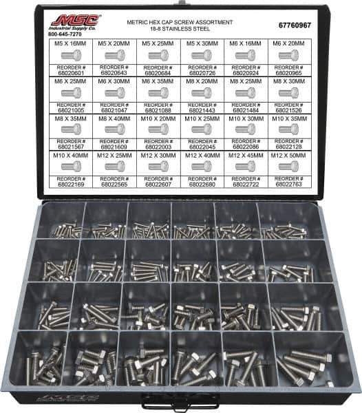 Value Collection - 330 Piece Stainless Steel Hex Head Cap Screws - M5 to M12 Thread, 18-8 - Eagle Tool & Supply