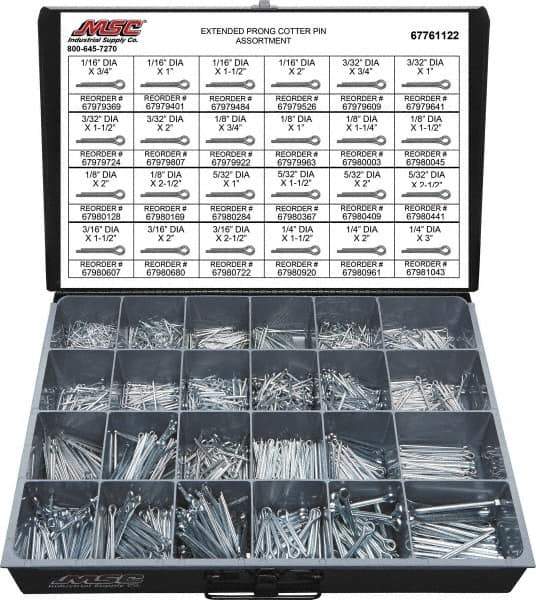 Value Collection - 2,325 Piece, 1/16 to 1/4" Pin Diam, Extended Prong Cotter Pin Assortment - 3/4 to 3" Long, Grade 2 Steel - Eagle Tool & Supply