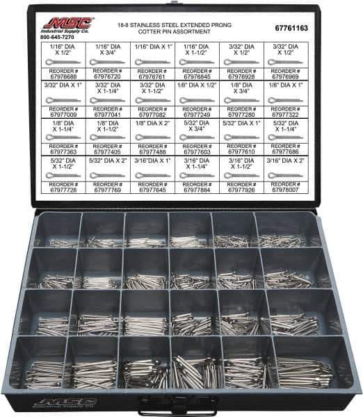 Value Collection - 1,250 Piece, 1/16 to 3/16" Pin Diam, Extended Prong Cotter Pin Assortment - 1/2 to 2" Long, 18-8 Stainless Steel - Eagle Tool & Supply
