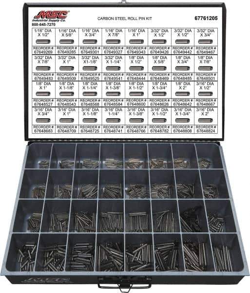 Value Collection - 157 Piece, 1/16 to 3/16" Pin Diam, Spring Pin Assortment - 1/2 to 2" Long, Grade 2 Steel - Eagle Tool & Supply