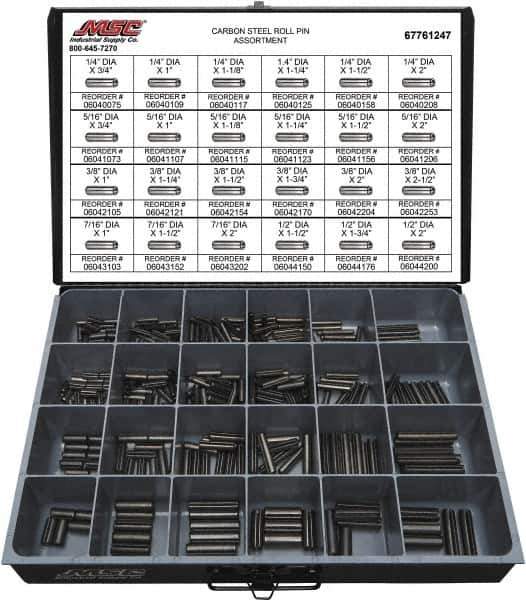 Value Collection - 320 Piece, 1/4 to 1/2" Pin Diam, Spring Pin Assortment - 1-3/4 to 2" Long, Grade 2 Steel - Eagle Tool & Supply