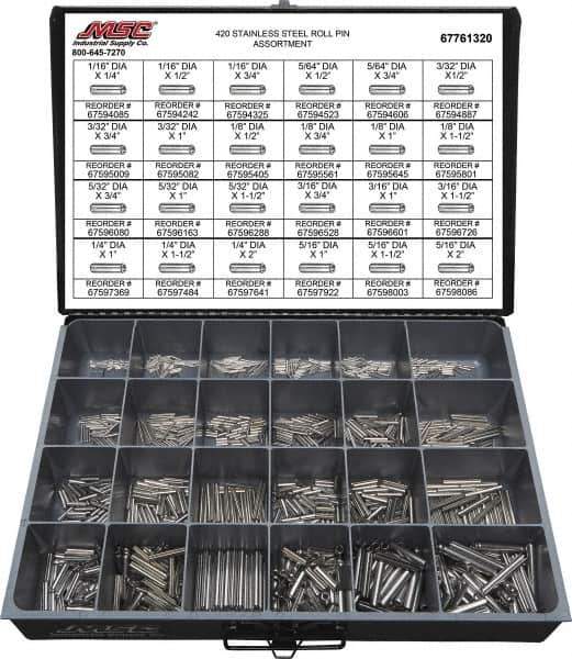 Value Collection - 115 Piece, 1/16 to 5/16" Pin Diam, Dowel Pin Assortment - 1/4 to 2" Long, 402 Stainless Steel - Eagle Tool & Supply