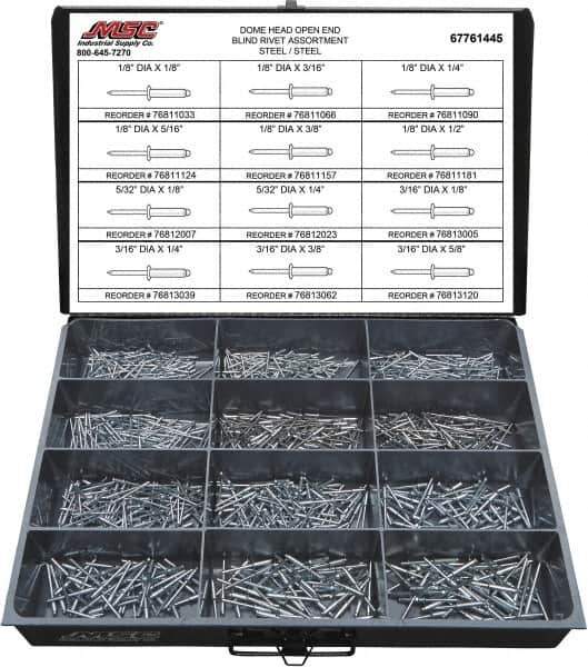 Value Collection - 1,100 Piece, 1/8 to 3/16" Hole Diam, Dome Head, Steel Blind Rivet Assortment - 1/8 to 5/8" Length, Steel Mandrel - Eagle Tool & Supply